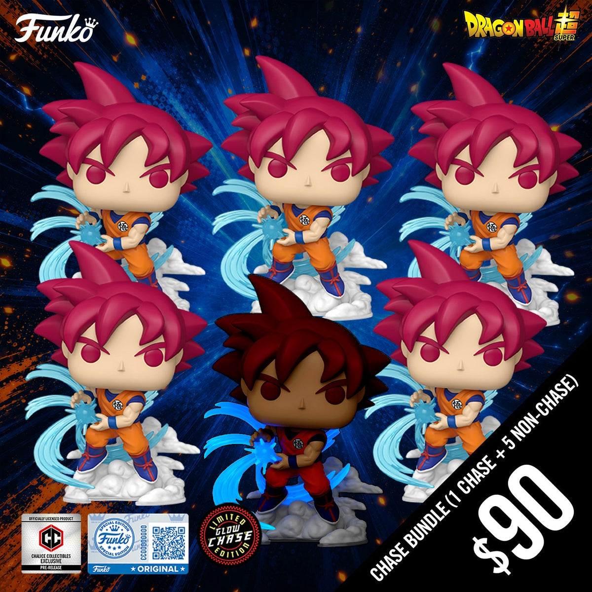 Pre-Order: Funko Pop! Chalice Exclusive: DBS: Super Saiyan God Goku #2491 (6-Pop Guaranteed Chase Bundle) (PR)