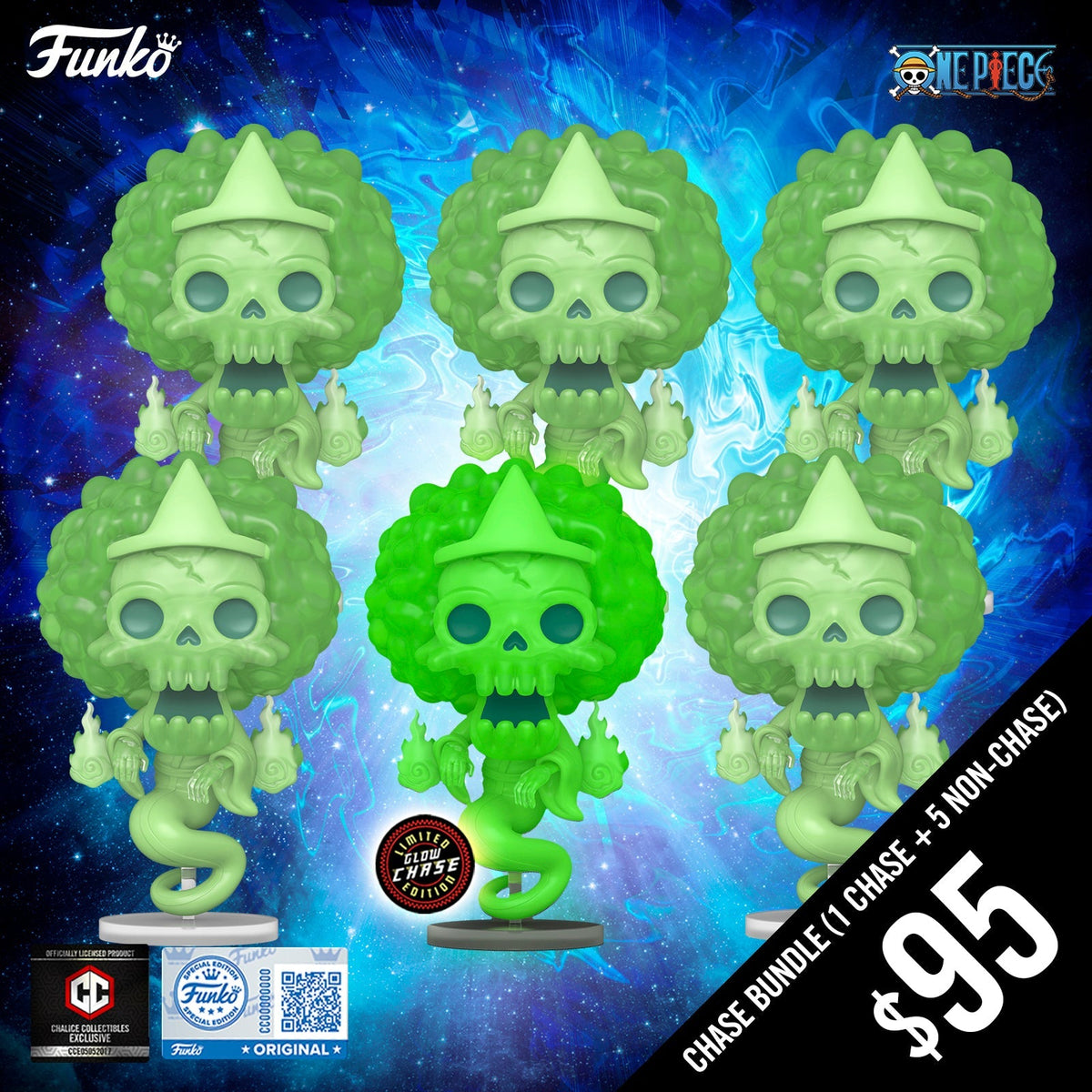 Funko Pop! Chalice Exclusive: One Piece S14: Brook (Ghost) #2325 (6-Pop Guaranteed Chase Bundle)