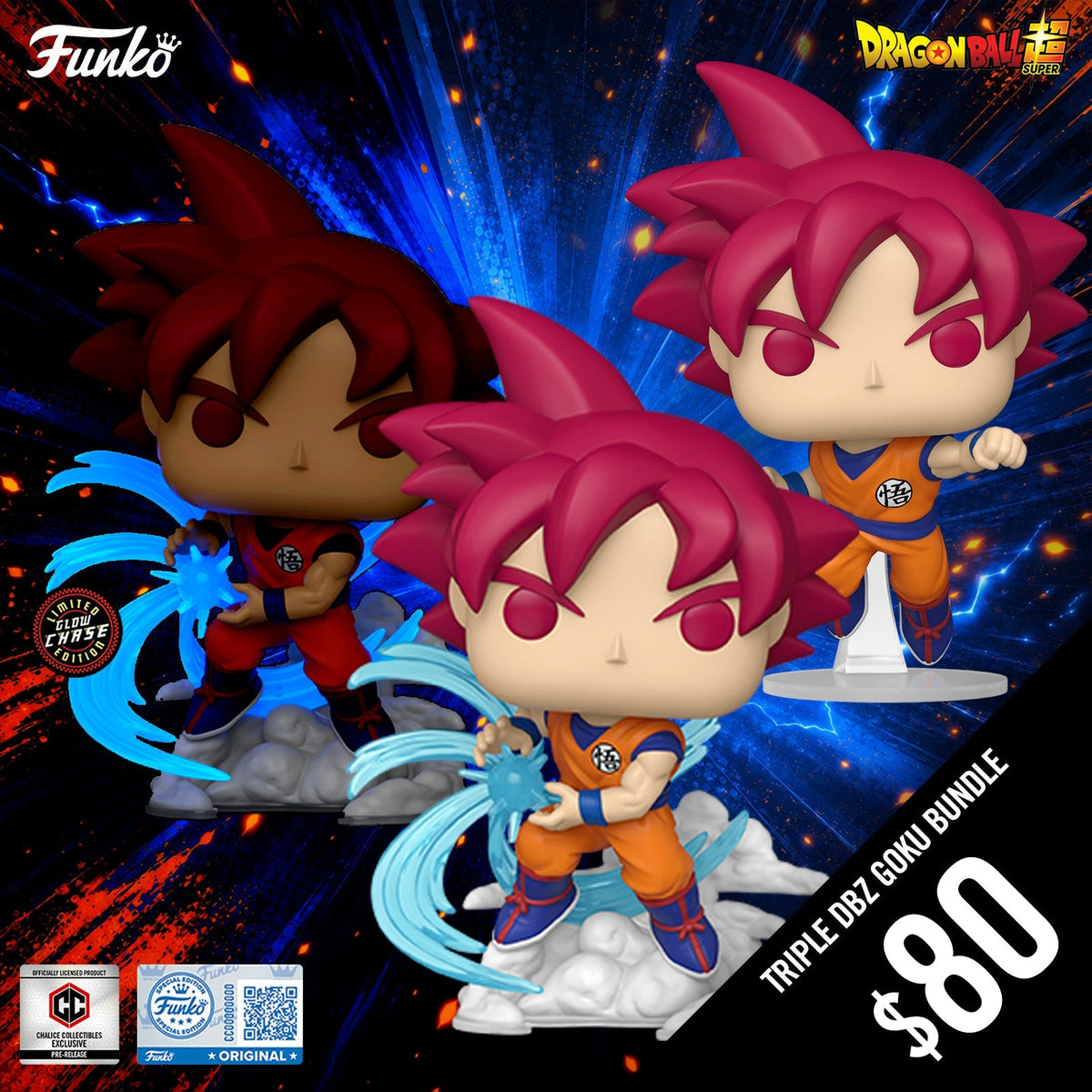Pre-Order: Funko Pop! Chalice Exclusive: DBS: Super Saiyan God Goku (Triple Bundle)